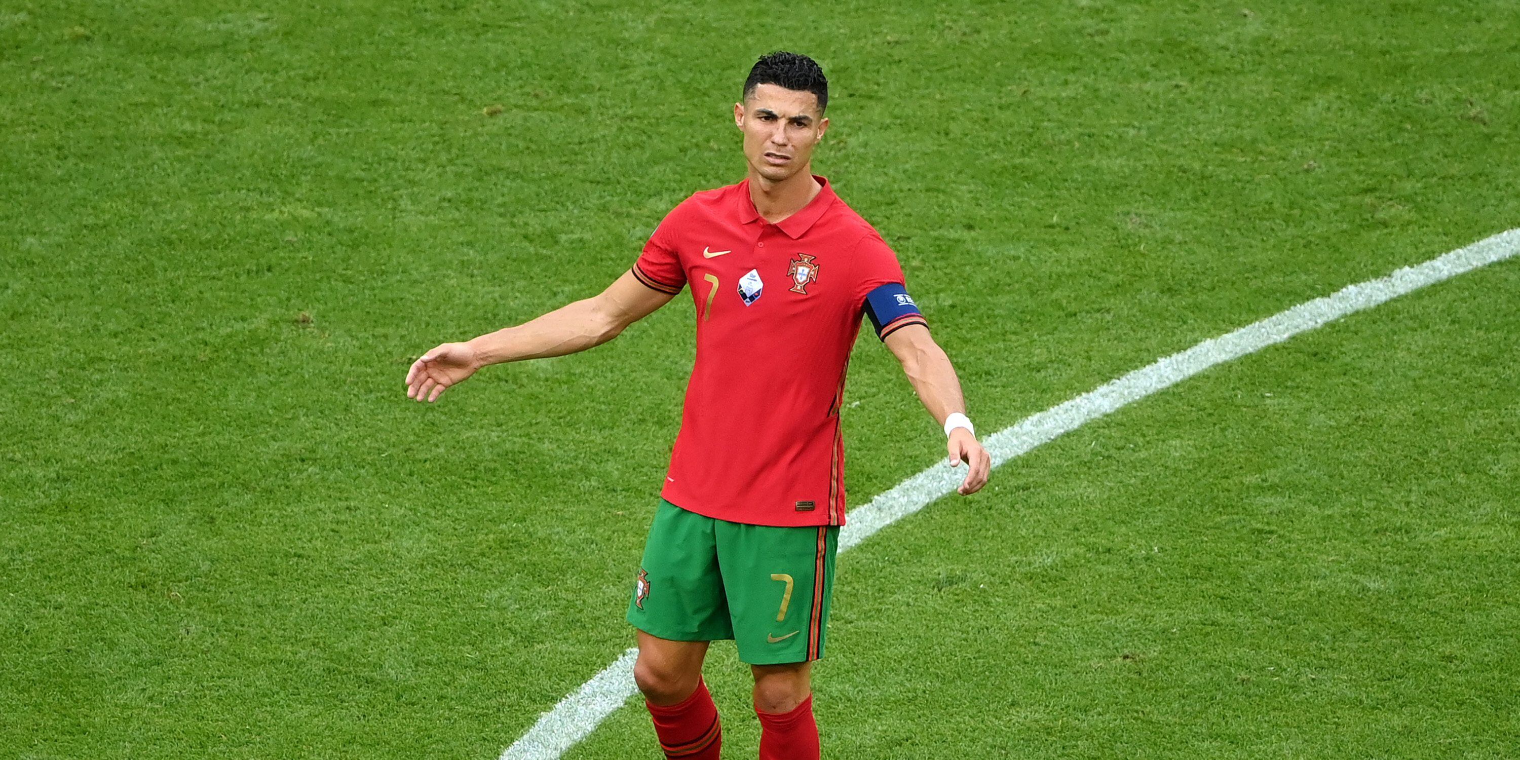 MUNICH, GERMANY - JUNE 19: Cristiano Ronaldo of Portugal reacts during the UEFA Euro 2020 Championship Group F match between Portugal and Germany at Football Arena Munich on June 19, 2021 in Munich, Germany. (Photo by Matthias Hangst/Getty Images)