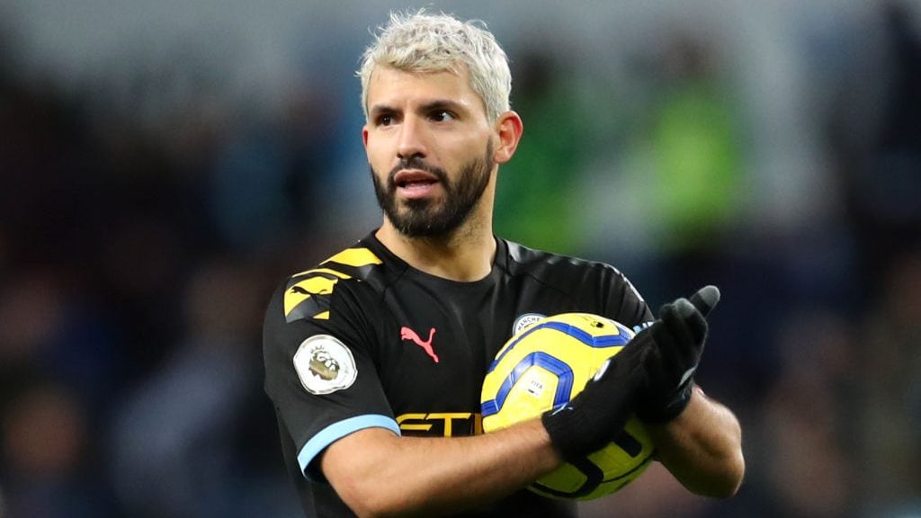 BIRMINGHAM, ENGLAND - JANUARY 12: Sergio Aguero of Manchester CIty celebrates victory with the match ball after he scored a hat-trick during the Premier League match between Aston Villa and Manchester City at Villa Park on January 12, 2020 in Birmingham, United Kingdom. (Photo by Catherine Ivill/Getty Images)