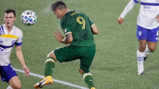 PORTLAND, OREGON - OCTOBER 11: Felipe Mora # 9 of the Portland Timbers scores a header goal against the San Jose Earthquakes at Providence Park on October 11, 2020 in Portland, Oregon. (Photo by Soobum Im/Getty Images)