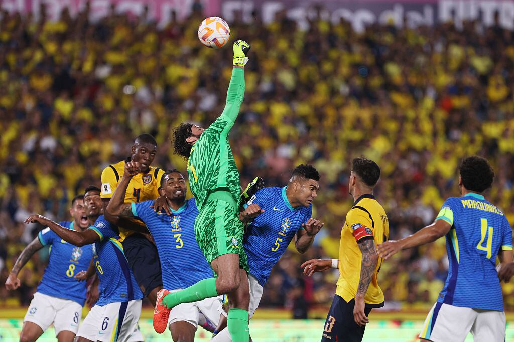 GUAYAQUIL, ECUADOR - JUNE 05: Alisson Becker of Brazil clears the ball during the FIFA World Cup 2026 Qualifier match between Ecuador and Brazil at Estadio Monumental Isidro Romero Carbo on June 05, 2025 in Guayaquil, Ecuador. (Photo by Franklin Jacome/Getty Images)