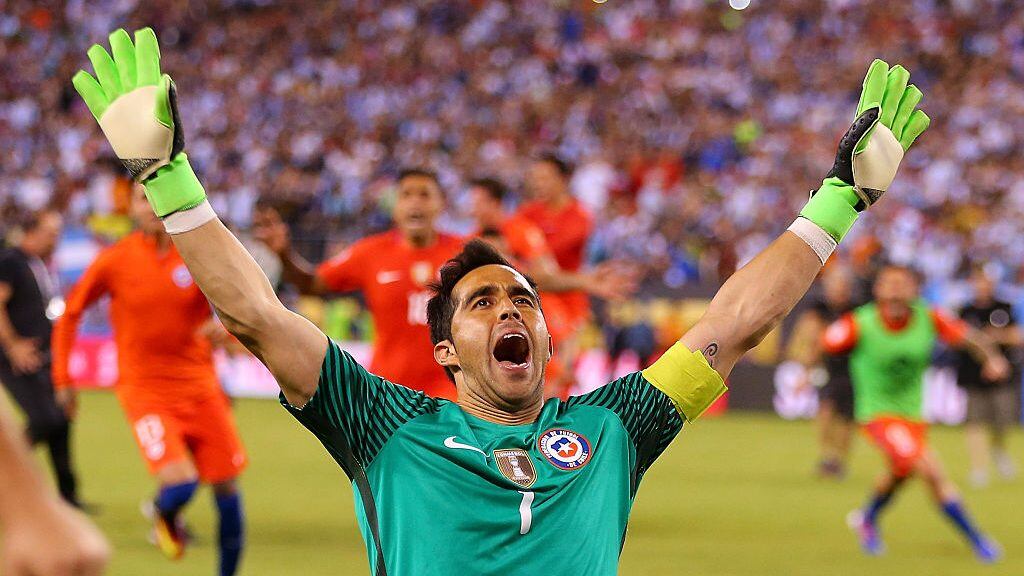 EAST RUTHERFORD, NJ - JUNE 26: Claudio Bravo #1 of Chile celebrates after defeating the Argentina to win the Copa America Centenario Championship match at MetLife Stadium on June 26, 2016 in East Rutherford, New Jersey. Chile defeated Argentina 4-2 in penalty kicks. (Photo by Mike Stobe/Getty Images)