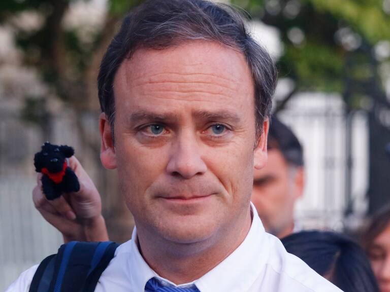 29 DE ENERO DE 2020/VIÑA DEL MARUna mujer muestra un peluche del perro "Negro Matapacos" durante un punto de prensa que ofrece el ministro Felipe Ward a la entrada del Palacio Presidencial Cerro Castillo, en donde el Presidente de la Republica ofrece una cena a disputados de Chile Vamos.
FOTO: LEONARDO RUBILAR CHANDIA/AGENCIAUNO