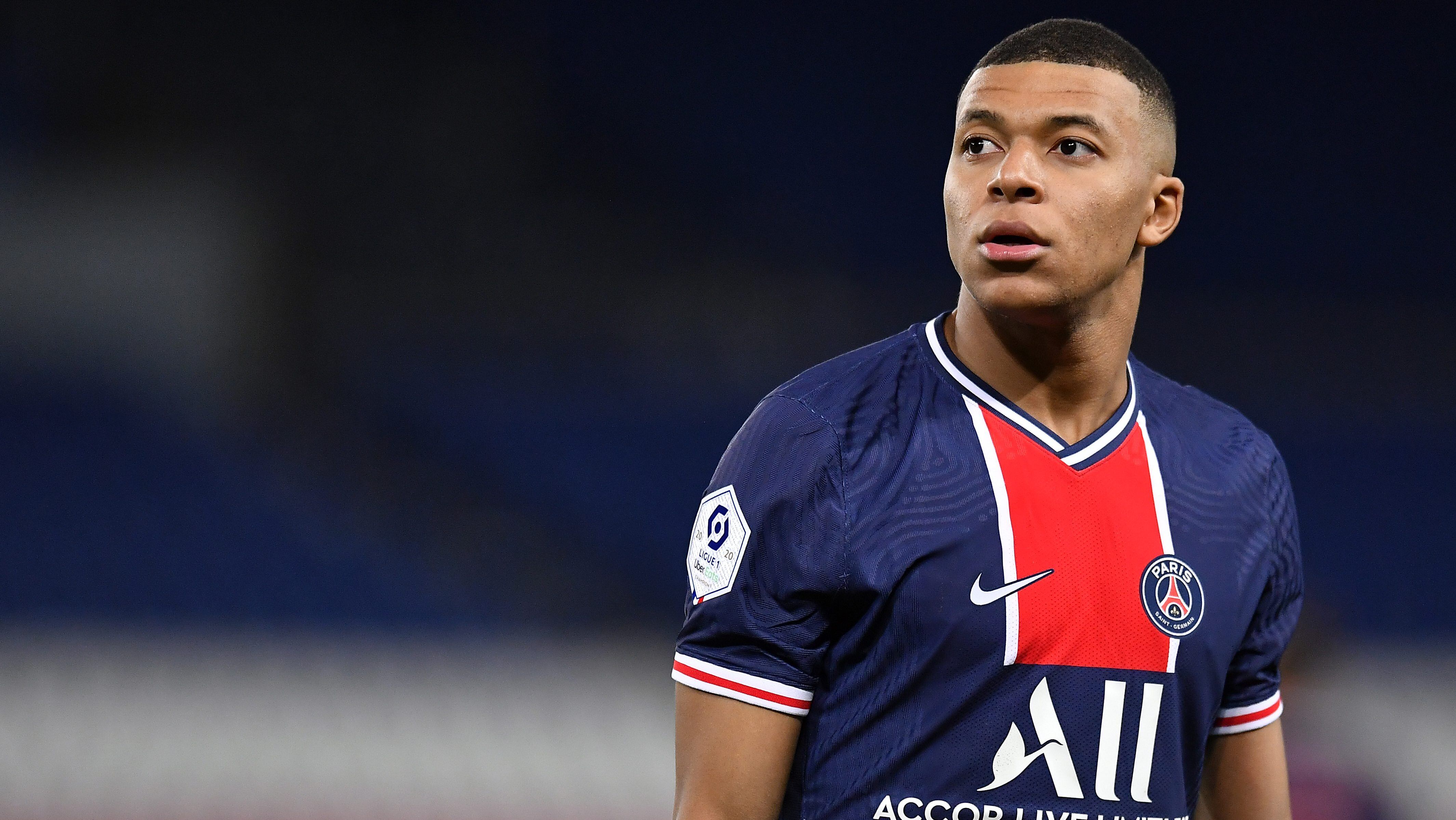 PARIS, FRANCE - FEBRUARY 21: Kylian Mbappe of Paris Saint-Germain looks on during the Ligue 1 soccer match between Paris Saint-Germain and AS Monaco at Parc des Princes on February 21, 2021 in Paris, France. (Photo by Aurelien Meunier - PSG/PSG via Getty Images)