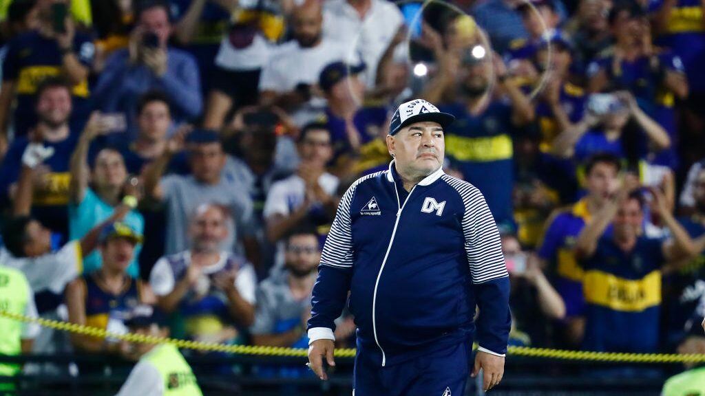 BUENOS AIRES, ARGENTINA - MARCH 07: Diego Armando Maradona head coach of Gimnasia y Esgrima La Plata enters the field before a match between Boca Juniors and Gimnasia y Esgrima La Plata as part of Superliga 2019/20 at Alberto J. Armando Stadium on March 7, 2020 in Buenos Aires, Argentina. (Photo by Marcos Brindicci/Getty Images)
