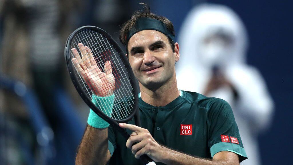 DOHA, QATAR - MARCH 10: Roger Federer of Switzerland celebrates winning his match against Dan Evans of Great Britain on Day 3 of the Qatar ExxonMobil Open at Khalifa International Tennis and Squash Complex on March 10, 2021 in Doha, Qatar. (Photo by Mohamed Farag/Getty Images)