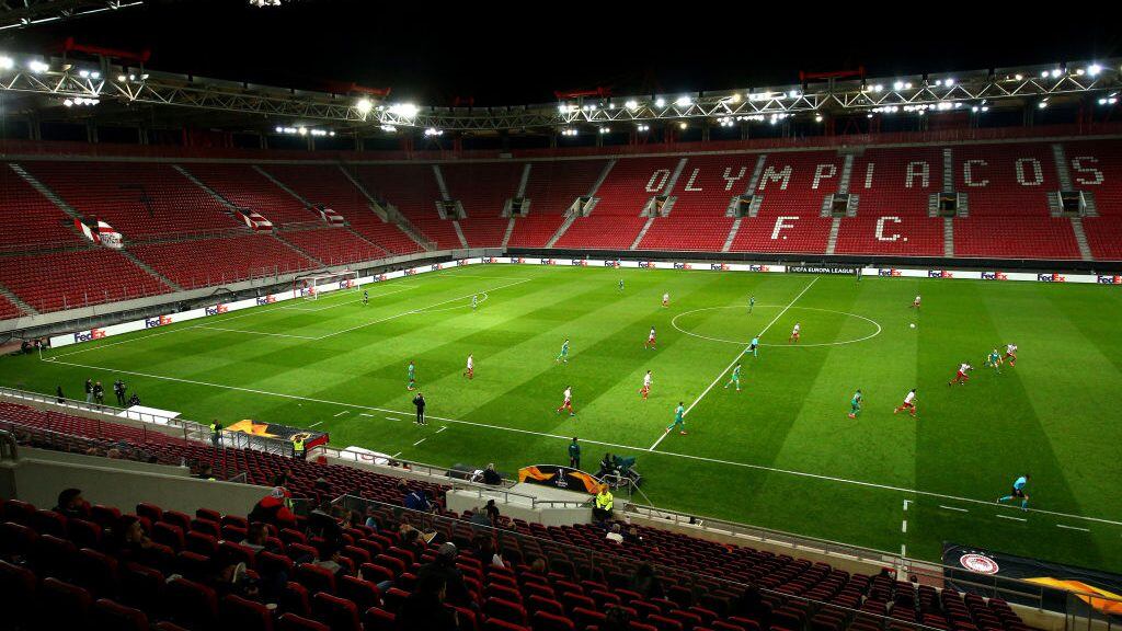 PIRAEUS, GREECE - MARCH 12: (FREE FOR EDITORIAL USE) In this handout image provided by UEFA, General view of empty seats during the UEFA Europa League round of 16 first leg match between Olympiacos FC and Wolverhampton Wanderers at Karaiskakis Stadium on March 12, 2020 in Piraeus, Greece. The match is played behind closed doors as a precaution against the spread of COVID-19 (Coronavirus).  (Photo by UEFA - Handout/UEFA via Getty Images)