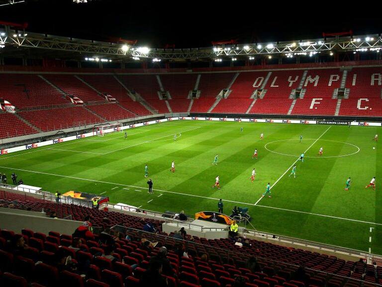 PIRAEUS, GREECE - MARCH 12: (FREE FOR EDITORIAL USE) In this handout image provided by UEFA, General view of empty seats during the UEFA Europa League round of 16 first leg match between Olympiacos FC and Wolverhampton Wanderers at Karaiskakis Stadium on March 12, 2020 in Piraeus, Greece. The match is played behind closed doors as a precaution against the spread of COVID-19 (Coronavirus). (Photo by UEFA - Handout/UEFA via Getty Images)