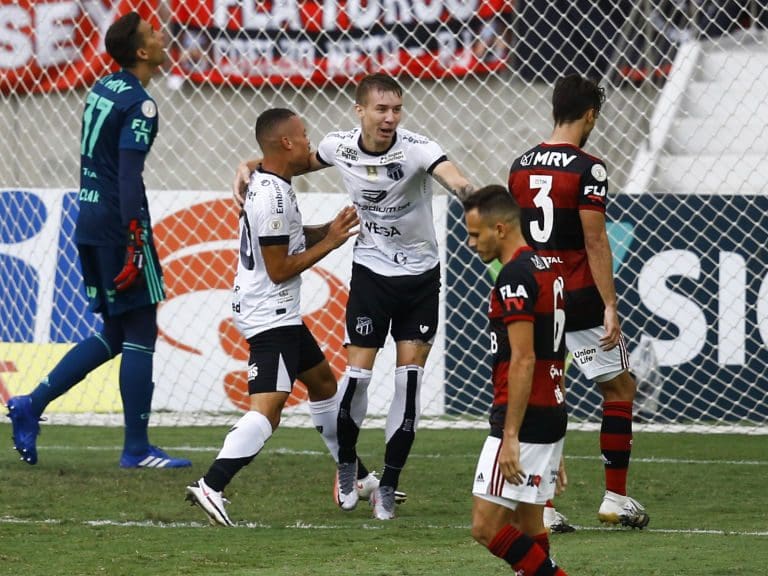 RIO DE JANEIRO, BRAZIL - JANUARY 10: Kelvyn (L) of Ceara celebrates with team mate Charles after scoring during the match between Flamengo and Ceara as part of the Brasileirao Series A at Maracana Stadium on January 10, 2021 in Rio de Janeiro, Brazil. (Photo by Bruna Prado/Getty Images)