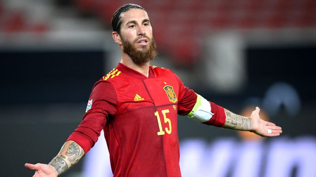 STUTTGART, GERMANY - SEPTEMBER 03: Sergio Ramos of Spain reacts during the UEFA Nations League group stage match between Germany and Spain at Mercedes-Benz Arena on September 03, 2020 in Stuttgart, Germany. (Photo by Matthias Hangst/Getty Images)