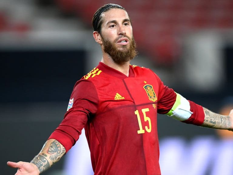 STUTTGART, GERMANY - SEPTEMBER 03: Sergio Ramos of Spain reacts during the UEFA Nations League group stage match between Germany and Spain at Mercedes-Benz Arena on September 03, 2020 in Stuttgart, Germany. (Photo by Matthias Hangst/Getty Images)