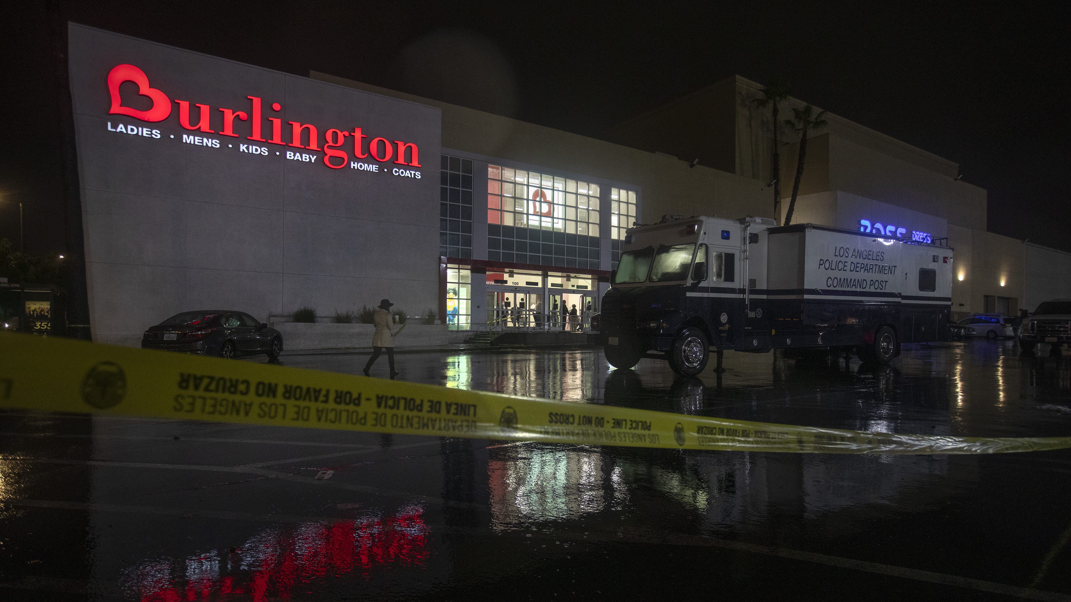 NORTH HOLLYWOOD, CA-DECEMBER 23, 2021: Overall shows the Burlington store in North Hollywood, where an assault suspect was fatally shot by police and a 14 year old girl was killed by what is believed to have been a stray police bullet that passed through a dressing room wall. (Mel Melcon / Los Angeles Times via Getty Images)