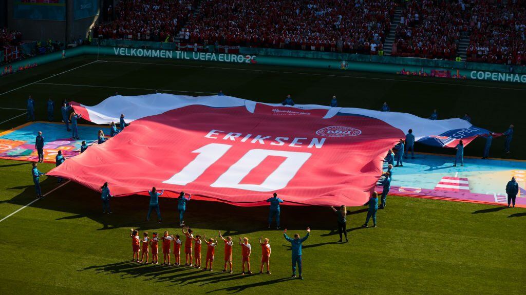 COPENHAGEN, DENMARK - JUNE 17: A large replica Denmark shirt with Christian Eriksen, Number Ten is displayed on the pitch prior to the UEFA Euro 2020 Championship Group B match between Denmark and Belgium at Parken Stadium on June 17, 2021 in Copenhagen, Denmark. (Photo by Hanna McKay - Pool/Getty Images)