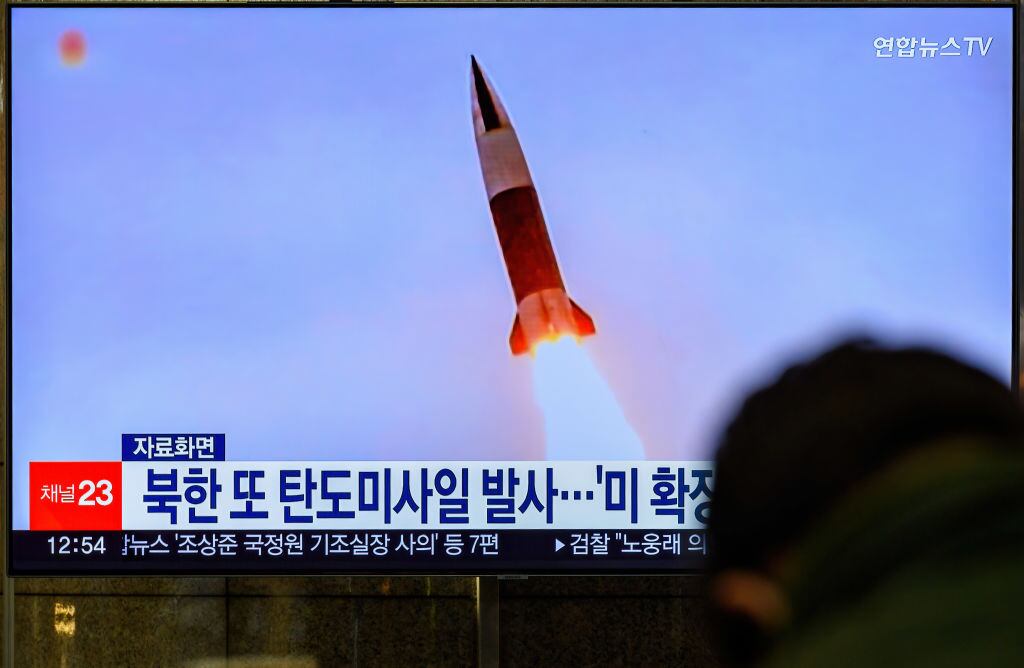 SEOUL, SOUTH KOREA - 2022/11/17: A TV screen shows a file image of North Korea's missile launch during a news program at the Yongsan Railway Station in Seoul. North Korea fired one short-range ballistic missile (SRBM) into the East Sea on 17 November, its second missile provocation in a little over a week, according to the South Korean military.The Joint Chiefs of Staff (JCS) said it detected the launch from the Wonsan area in Kangwon Province at 10:48 a.m., and that the missile flew some 240 kilometers at an apogee of around 47 km at a top speed of Mach 4.
Shortly before the launch, the South and the U.S. staged a "preplanned" missile defense exercise involving the allies' Aegis-equipped destroyers, the JCS said. (Photo by Kim Jae-Hwan/SOPA Images/LightRocket via Getty Images)