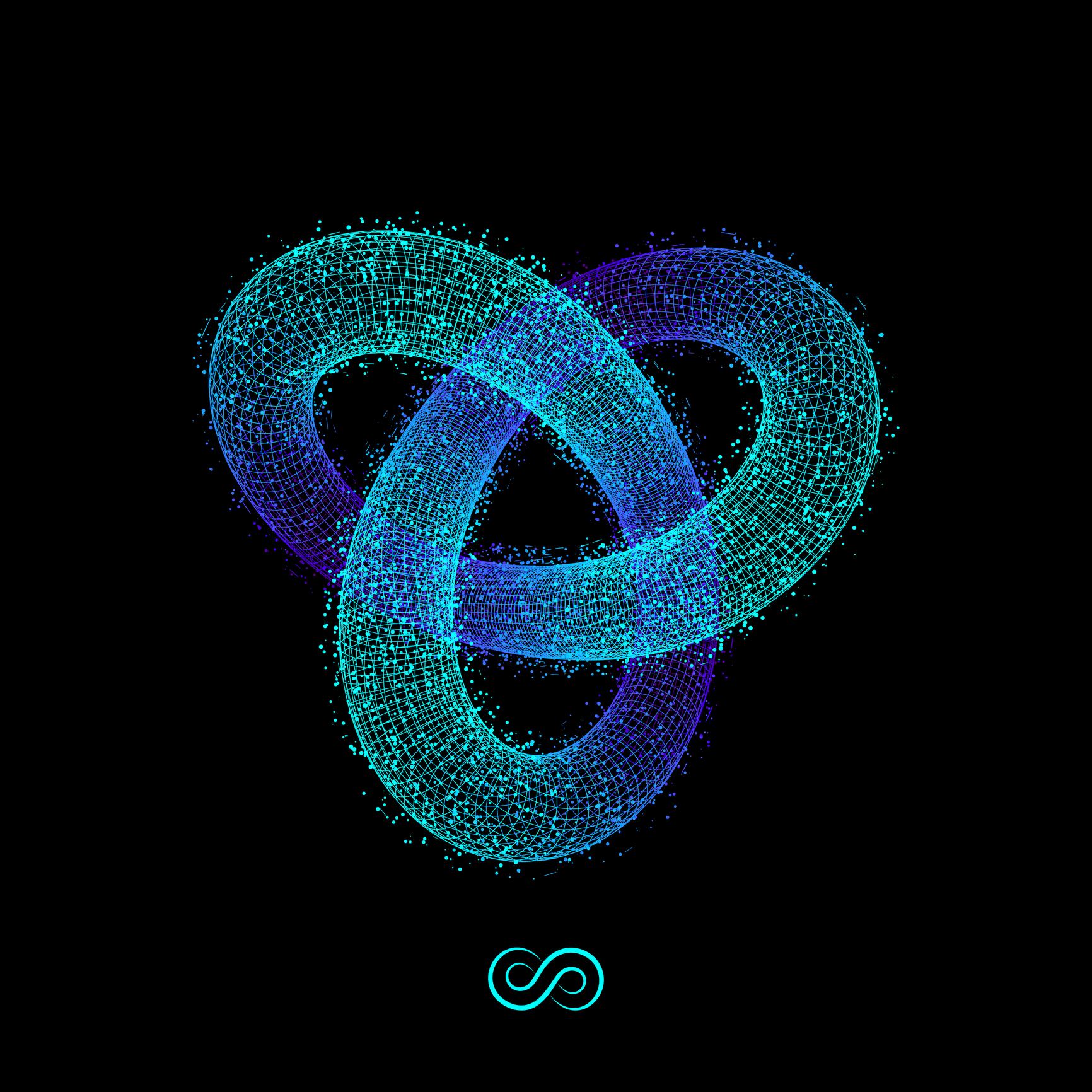 Trefoil Knot. Vector 3D Illustration.  Illustration Consisting of Points. 3D Grid Design. Object with Dots. Geometric Shape for Design. Molecular grid. 3D Technology Style with Particle.