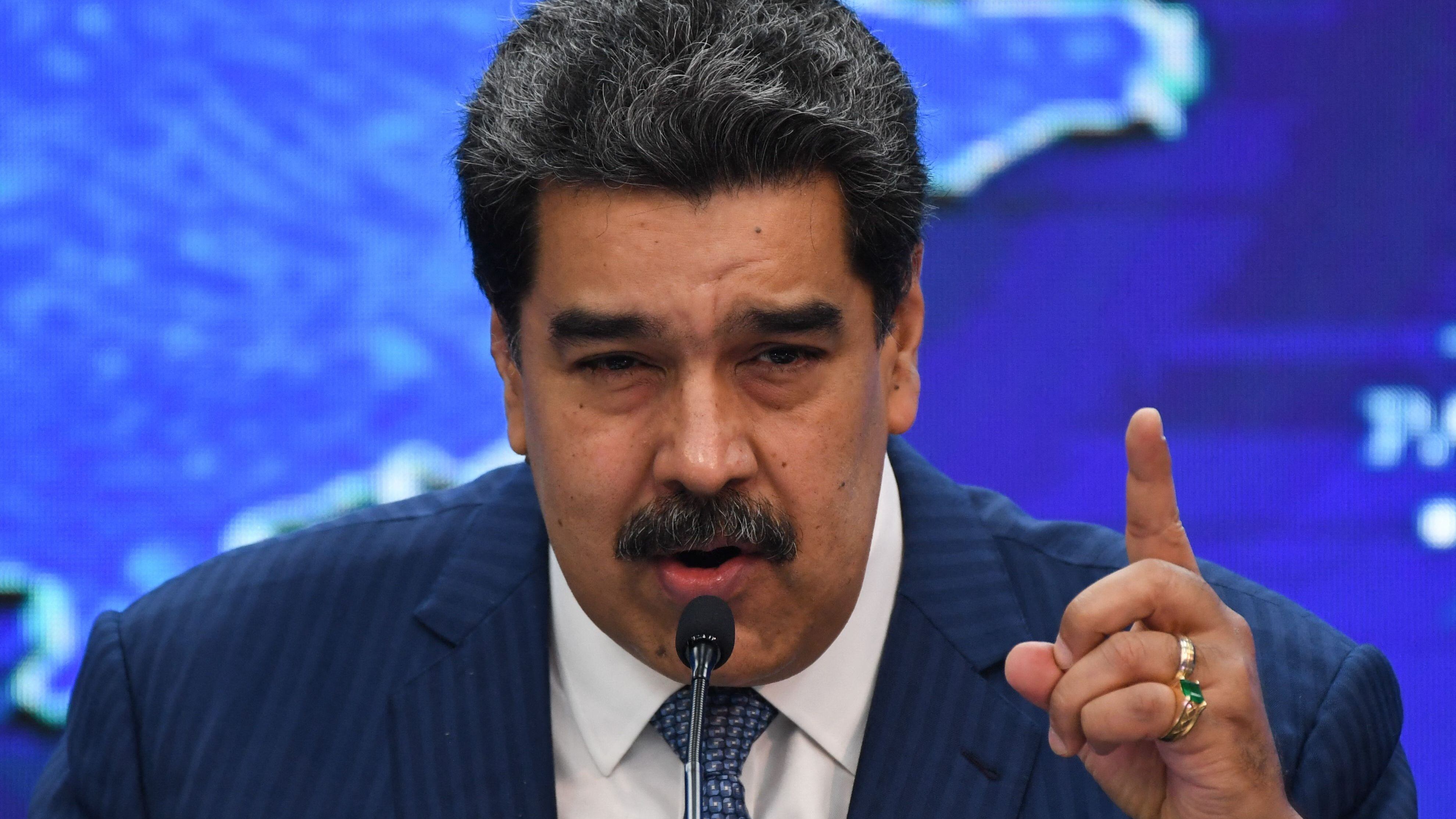 Venezuelan President Nicolas Maduro speaks during a press conference with international media correspondents at the Miraflores Presidential Palace in Caracas, on August 16, 2021. - Maduro announced that he will propose the "opening of direct dialogue" with the United States government, after breaking relations two years ago, within the negotiation process that he maintains with the Venezuelan opposition in Mexico. (Photo by Federico PARRA / AFP) (Photo by FEDERICO PARRA/AFP via Getty Images)