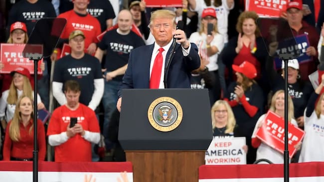 U.S. President Donald Trump speaks for more than an hour as he and Vice-President Mike Pence return to Pennsylvania for a a Keep America Great campaign rally at the Giant Center, in Hershey, PA, on December 10, 2019. (Photo by Bastiaan Slabbers/NurPhoto via Getty Images)