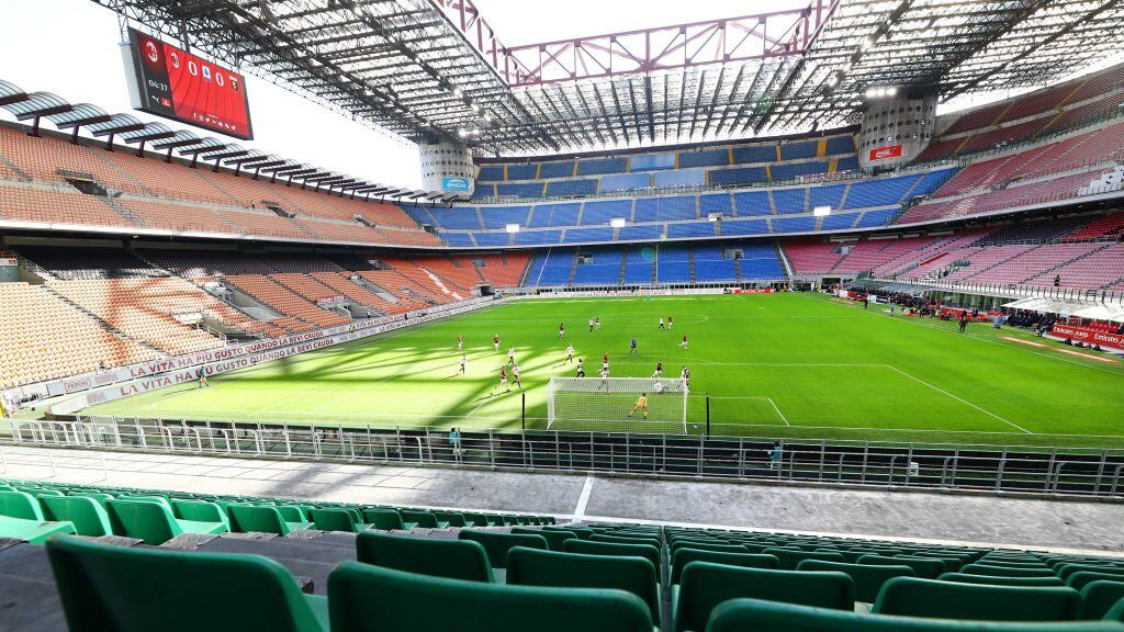 MILAN, ITALY - MARCH 08: General view of the empty stadium according to the rules to limit the spread of Covid-19 during the Serie A match between AC Milan and Genoa CFC at Stadio Giuseppe Meazza on March 8, 2020 in Milan, Italy. (Photo by Marco Luzzani/Getty Images)