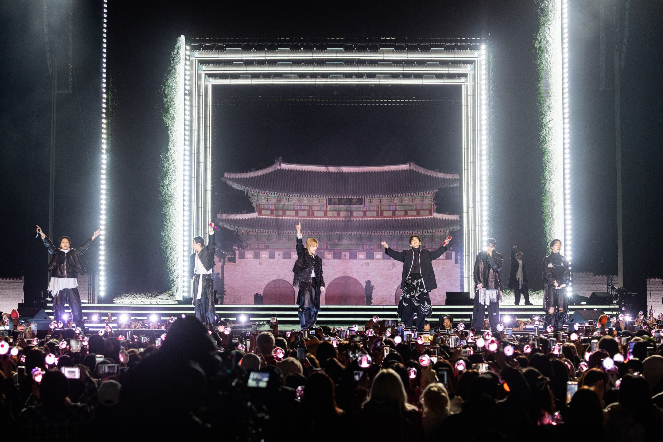 (L to R) SUGA, JIMIN, JIN, JUNG KOOK, V, J-HOPE, RM at BTS The Comeback Live | Arirang at Gwanghwamun Square on March 21st in Seoul, Korea / BIGHIT MUSIC AND NETFLIX © 2026