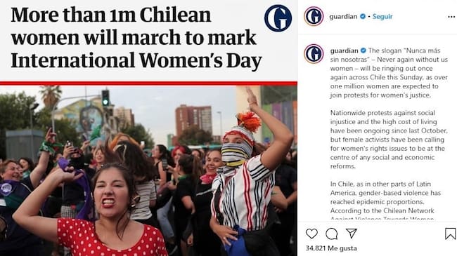 Publicación del diario británico The Guardian sobre el 8M en Chile