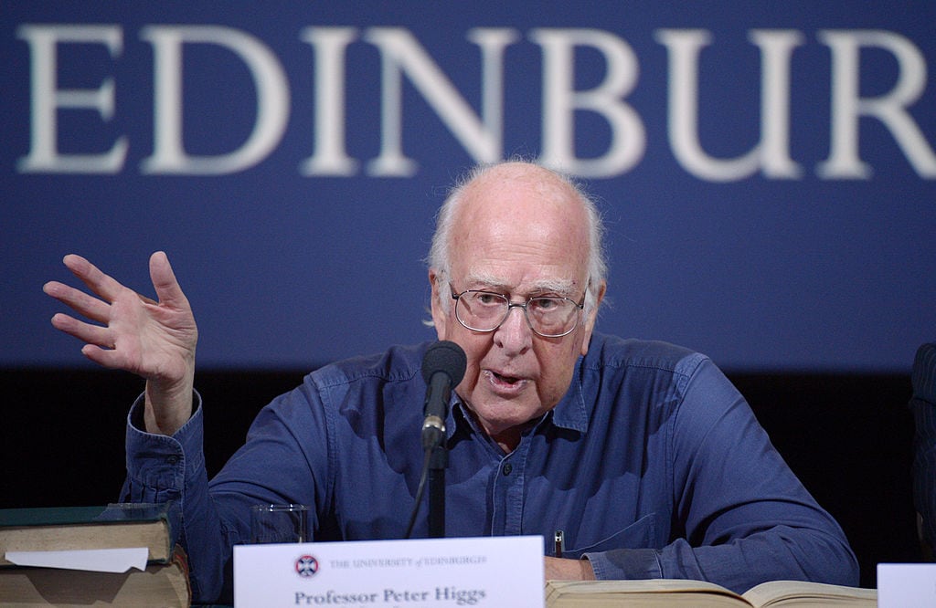 EDINBURGH, SCOTLAND - OCTOBER 11: Professor Emeritus School of Physics and Astrongy Peter Higgs of Great Britain speaks after being awarded the Nobel Prize in Physics at a press conference at the University of Edinburgh on October 11, 2013 in Edinburgh, Scotland. Professor Higgs was named as recipient of the award, along with Francois Englert of Belgium, in recognition of his production of the Higgs boson a fundamental particle that was recently shown to exist by scientists at CERN. The particle was discovered almost 50 years after Professor Higgs formed his theory, while a lecturer at the University of Edinburgh in 1964. (Photo by Jeff J Mitchell/Getty Images)