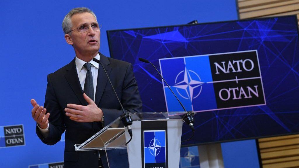 NATO Secretary General Jens Stoltenberg gives a statement on Russia's attack on Ukraine, at NATO headquarters in Brussels on February 24, 2022. - Russia's President Vladimir Putin has launched a military operation in Ukraine on February 24, 2022 after weeks of intense diplomacy and the imposition of Western sanctions on Russia that failed to deter him. (Photo by JOHN THYS / AFP) (Photo by JOHN THYS/AFP via Getty Images)