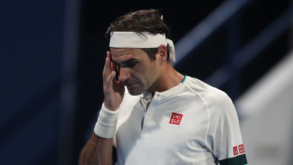 DOHA, QATAR - MARCH 11: Roger Federer of Switzerland reacts during his quarter final loss to Nikoloz Basilashvili of Georgia in the Qatar ExxonMobil Open at Khalifa International Tennis and Squash Complex on March 11, 2021 in Doha, Qatar. (Photo by Mohamed Farag/Getty Images)
