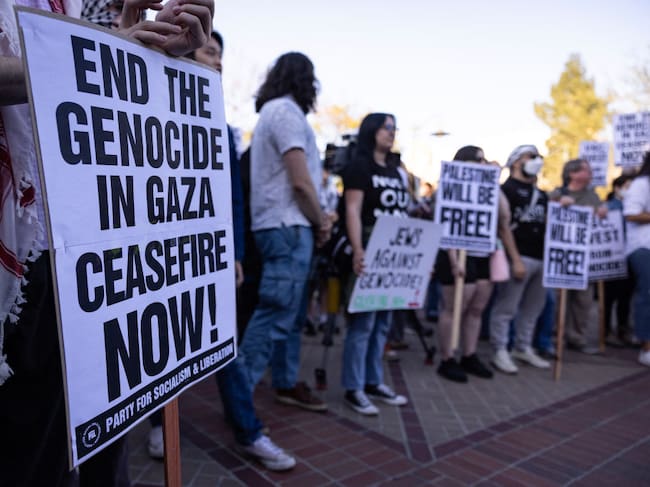 Manifestantes en Estados Unidos piden el fin de los ataques de Israel contra la Franja de Gaza y exigen que termine el "genocidio".