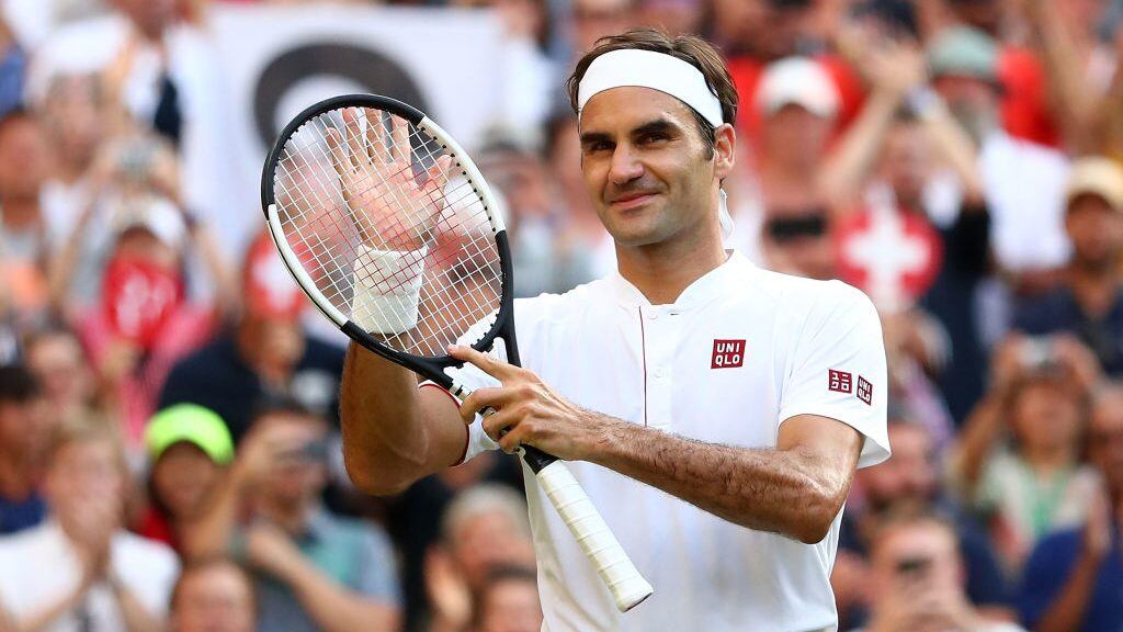 LONDON, ENGLAND - JULY 06: Roger Federer of Switzerland celebrates after defeating Jan-Lennard Struff of Germany in their Men's Singles third round match on day five of the Wimbledon Lawn Tennis Championships at All England Lawn Tennis and Croquet Club on July 6, 2018 in London, England. (Photo by Matthew Stockman/Getty Images)