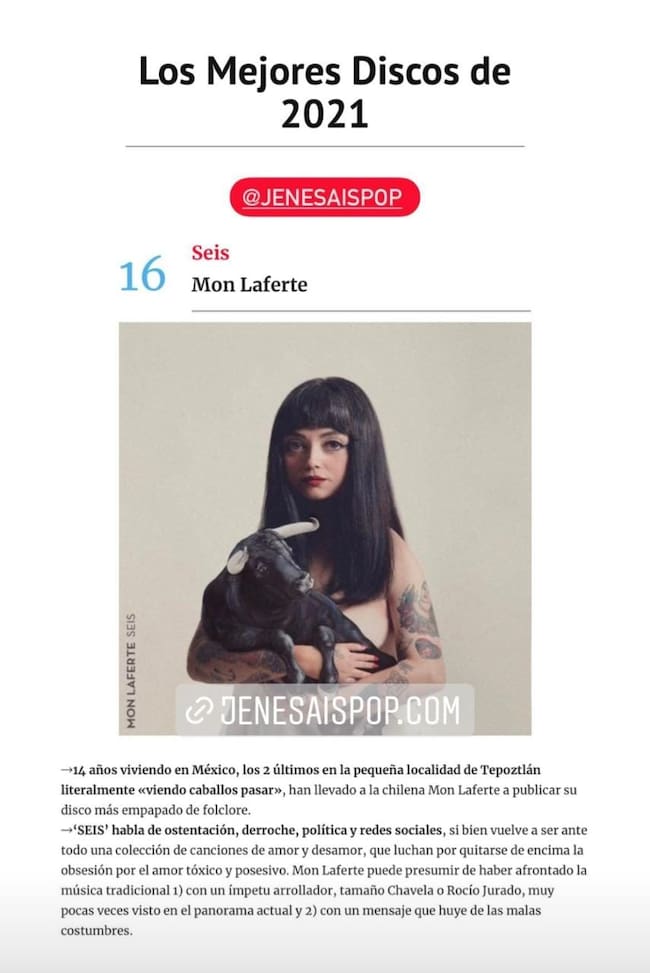 Diario El País destacó disco de Mon Laferte entre los mejores 50 de 2021
