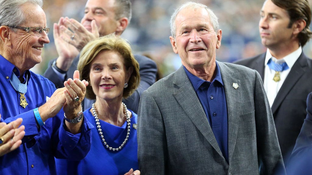 ARLINGTON, TEXAS - OCTOBER 06:  Former U.S. President George W. Bush and former first lady Laura Bush attend the game between the Green Bay Packers and the Dallas Cowboys at AT&amp;T Stadium on October 06, 2019 in Arlington, Texas. (Photo by Richard Rodriguez/Getty Images)