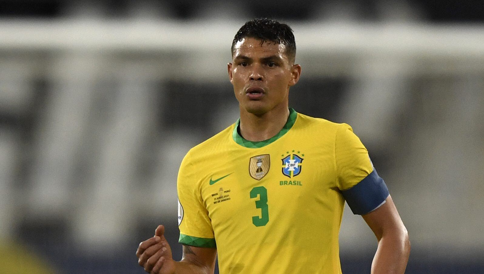Brazil's Thiago Silva kicks the ball during the Conmebol Copa America 2021 football tournament group phase match against Peru at the Nilton Santos Stadium in Rio de Janeiro, Brazil, on June 17, 2021. (Photo by Mauro PIMENTEL / AFP) (Photo by MAURO PIMENTEL/AFP via Getty Images)