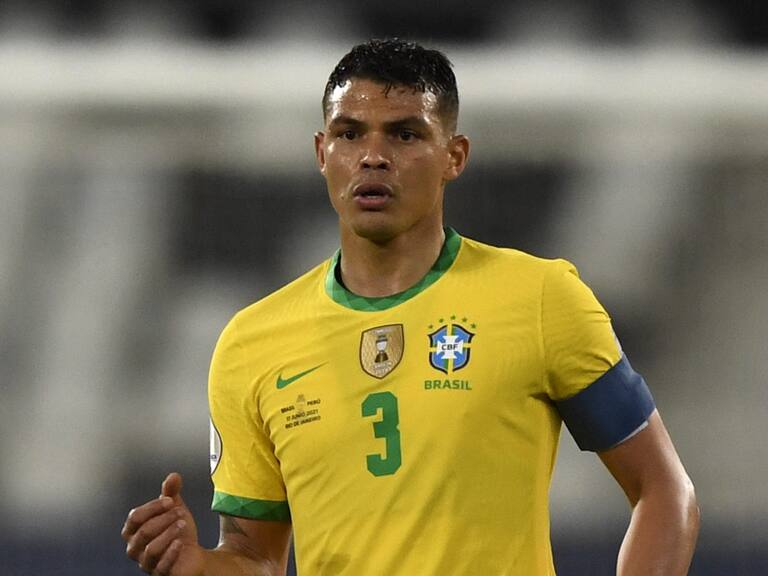 Brazil's Thiago Silva kicks the ball during the Conmebol Copa America 2021 football tournament group phase match against Peru at the Nilton Santos Stadium in Rio de Janeiro, Brazil, on June 17, 2021. (Photo by Mauro PIMENTEL / AFP) (Photo by MAURO PIMENTEL/AFP via Getty Images)