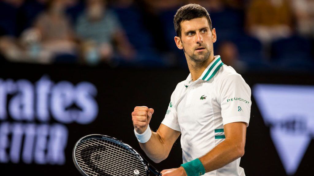 MELBOURNE, VIC - FEBRUARY 18: Novak Djokovic of Serbia celebrates after winning a game during the semifinals of the 2021 Australian Open on February 18 2021, at Melbourne Park in Melbourne, Australia. (Photo by Jason Heidrich/Icon Sportswire via Getty Images)