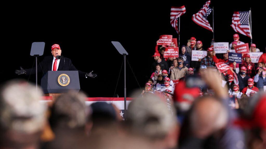 HICKORY, NC - NOVEMBER 01: President Donald Trump speaks at a rally at the Hickory Regional Airport on November 1, 2020 in Hickory, North Carolina. Early voting in North Carolina, which ended Saturday, drew over 4.5 million voters to the polls. (Photo by Michael Ciaglo/Getty Images)