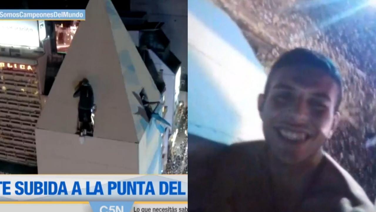 El peligroso festejo de hinchas asomados en la punta del Obelisco tras el título mundial de Argentina