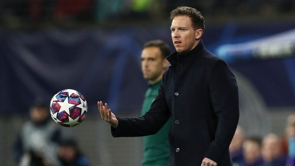 LEIPZIG, GERMANY - MARCH 10: Julian Nagelsmann, head coach of RB Leipzig reacts during the UEFA Champions League round of 16 second leg match between RB Leipzig and Tottenham Hotspur at Red Bull Arena on March 10, 2020 in Leipzig, Germany. (Photo by Maja Hitij/Bongarts/Getty Images)