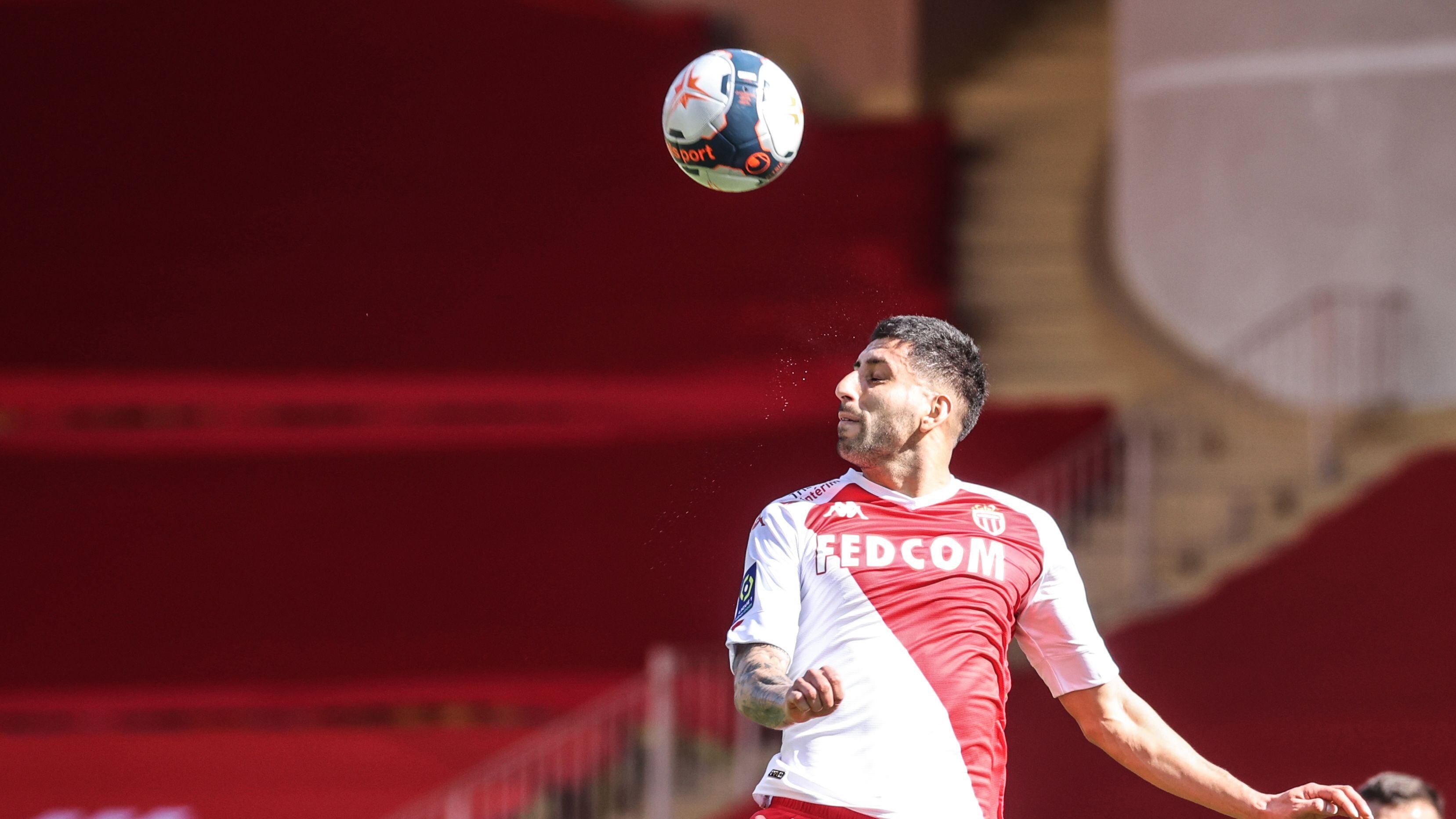 Monaco's Chilean defender Guillermo Maripan jumps for the ball during the French L1 football match between AS Monaco and Stade Brestois 29 at the "Louis II Stadium" in Monaco on February 28, 2021. (Photo by Valery HACHE / AFP) (Photo by VALERY HACHE/AFP via Getty Images)