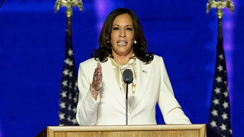 WILMINGTON, DELAWARE - NOVEMBER 07:  Vice President-elect Kamala Harris delivers remarks at the Chase Center before President-elect Joe Biden's address to the nation November 07, 2020 in Wilmington, Delaware. After four days of counting the high volume of mail-in ballots in key battleground states due to the coronavirus pandemic, the race was called for Biden after a contentious election battle against incumbent Republican President Donald Trump. (Photo by Andrew Harnik-Pool/Getty Images)