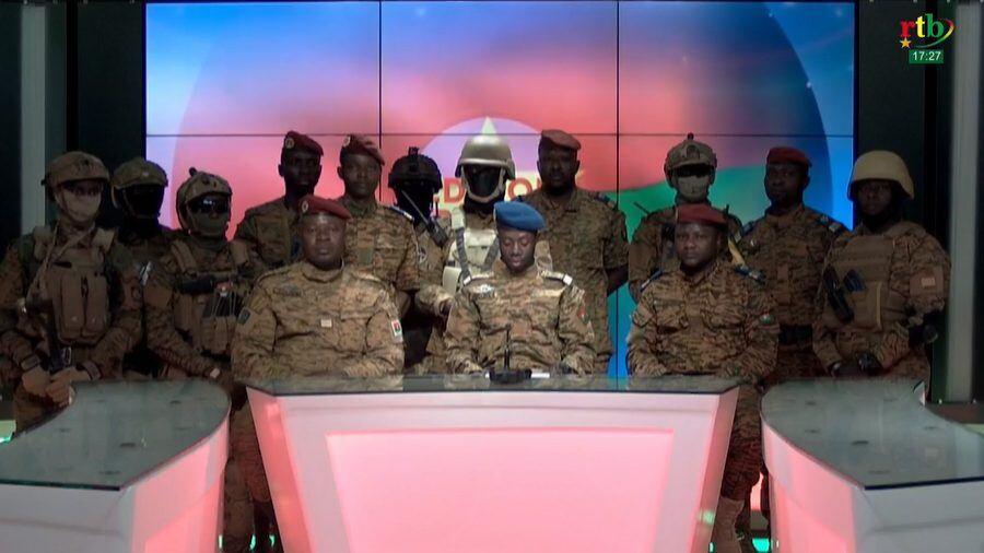 OUAGADOUGOU, BURKINA FASO - JANUARY 24: A screen grab captured from a video shows Capt. Kader Ouedraogo speaking on a state television 'RTB' in Ouagadougou, Burkina Faso on January 24, 2022. Junta in Burkina Faso confirms coup, announces closure of West African country's border. Constitution suspended, parliament and government dissolved in Burkina Faso, says junta after declaring coup (Photo by Stringer/Anadolu Agency via Getty Images)