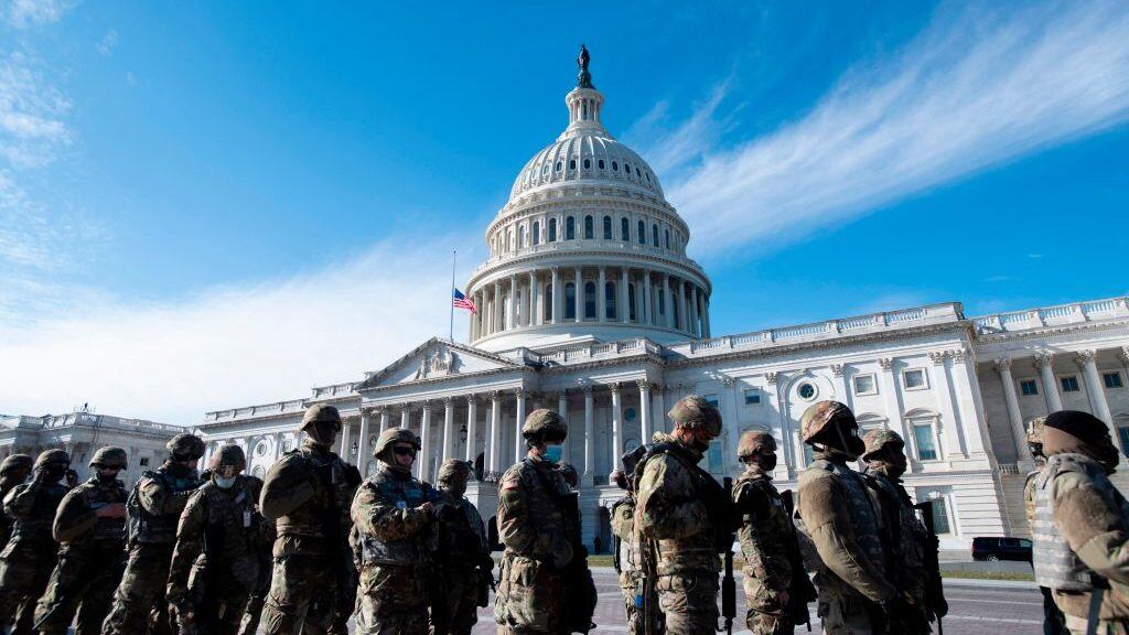 Members of the US National Guard arrive as the US Capitol goes into lockdown after an "external security threat" prior to a dress rehearsal for the 59th inaugural ceremony for President-elect Joe Biden and Vice President-elect Kamala Harris at the US Capitol on January 18, 2021 in Washington, DC. - The Inauguration is scheduled for January 20, 2021. (Photo by Rod LAMKEY / POOL / AFP) (Photo by ROD LAMKEY/POOL/AFP via Getty Images)