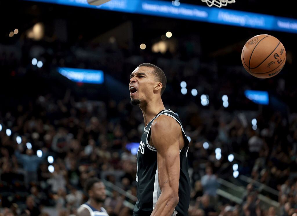 SAN ANTONIO, TX. - MAY 2026: San Antonio Spurs forward Victor Wembanyama (1) reacts after dunking the ball against the Minnesota Timberwolves in the first quarter of Game 5 at Frost Bank Center in San Antonio, Texas, on Tuesday, May 12, 2026. Minnesota Timberwolves vs. San Antonio Spurs, NBA Western Conference Semifinals, Game 5. NBA Playoffs. (Photo by Carlos Gonzalez/The Minnesota Star Tribune via Getty Images)