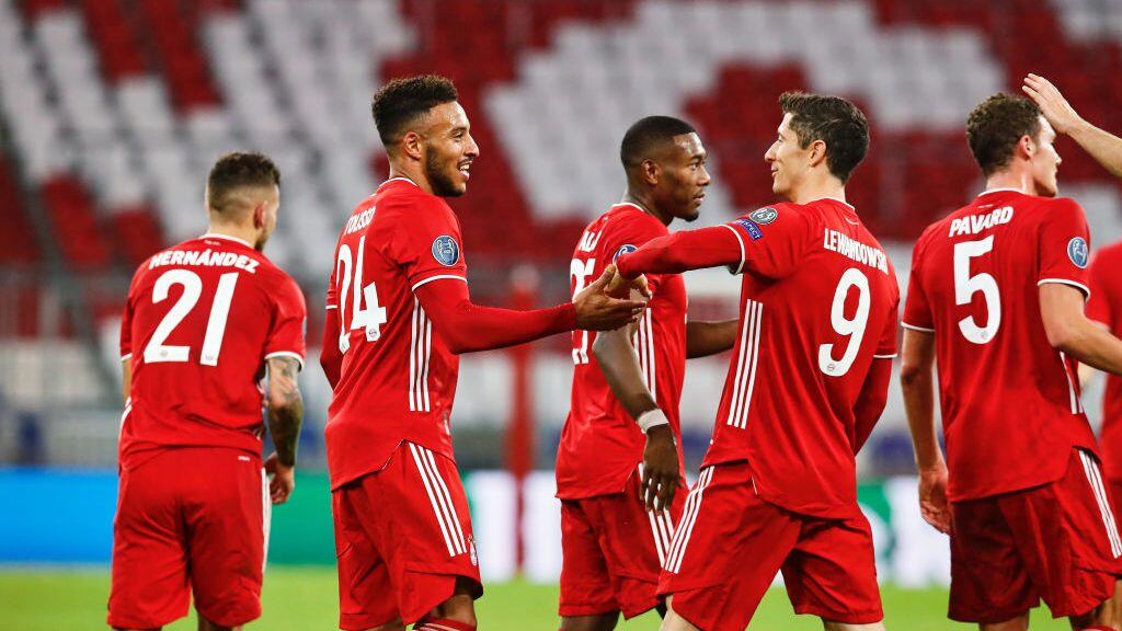 MUNICH, GERMANY - OCTOBER 21: Corentin Tolisso of FC Bayern Muenchen celebrates with teammates after scoring his team's third goal during the UEFA Champions League Group A stage match between FC Bayern Muenchen and Atletico Madrid at Allianz Arena on October 21, 2020 in Munich, Germany. (Photo by M. Donato/Getty Images for FC Bayern)