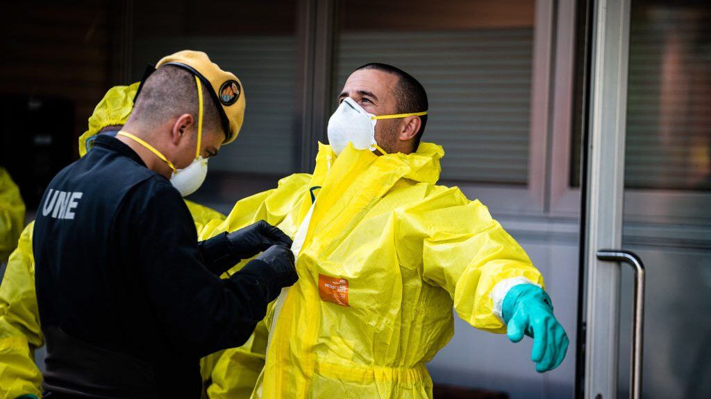 The military (UME) disinfect the "Residencia de Gent Gran" a nursing home where at least 5 people died of the Covid-19. Spain Health Ministry has so far recorded a total of 146,690 infections, 14,673 death and 48,021 recovered since the beginning of the corona virus outbreak. (Photo by Adrià Salido Zarco/SOPA Images/LightRocket via Getty Images)