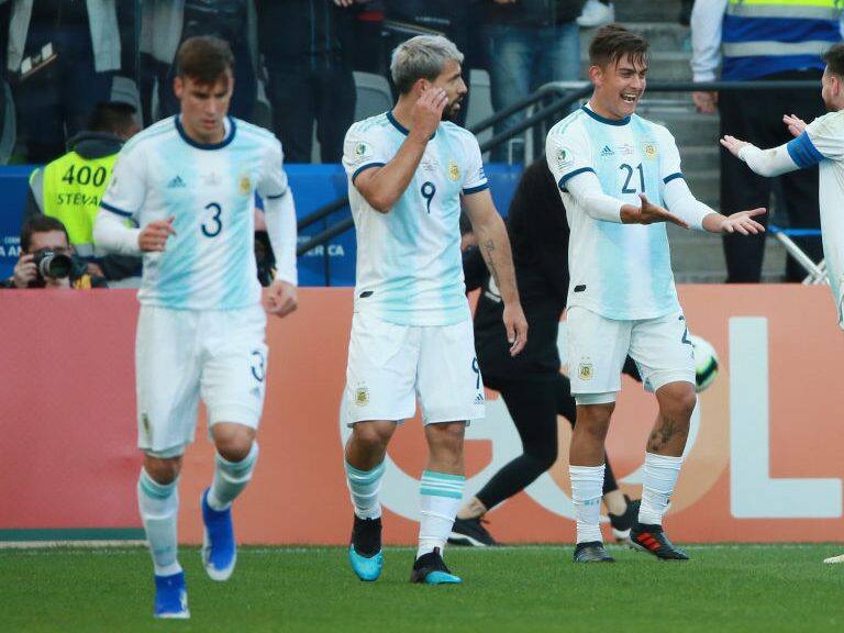 SAO PAULO, BRAZIL - JULY 06: Paulo Dybala of Argentina celebrates after scoring the second goal of his team with teammate Lionel Messi during the Copa America Brazil 2019 Third Place match between Argentina and Chile at Arena Corinthians on July 06, 2019 in Sao Paulo, Brazil. (Photo by Alessandra Cabral/Getty Images)