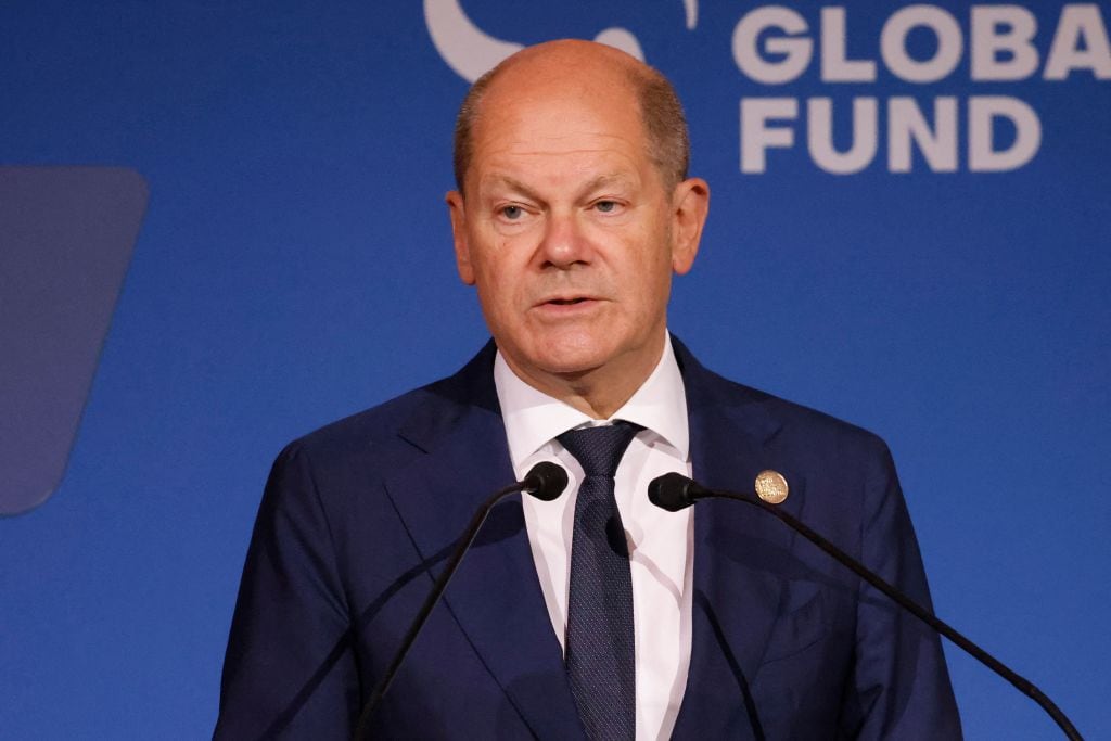 El canciller de Alemania, Olaf Scholz, habla en un evento en Nueva York