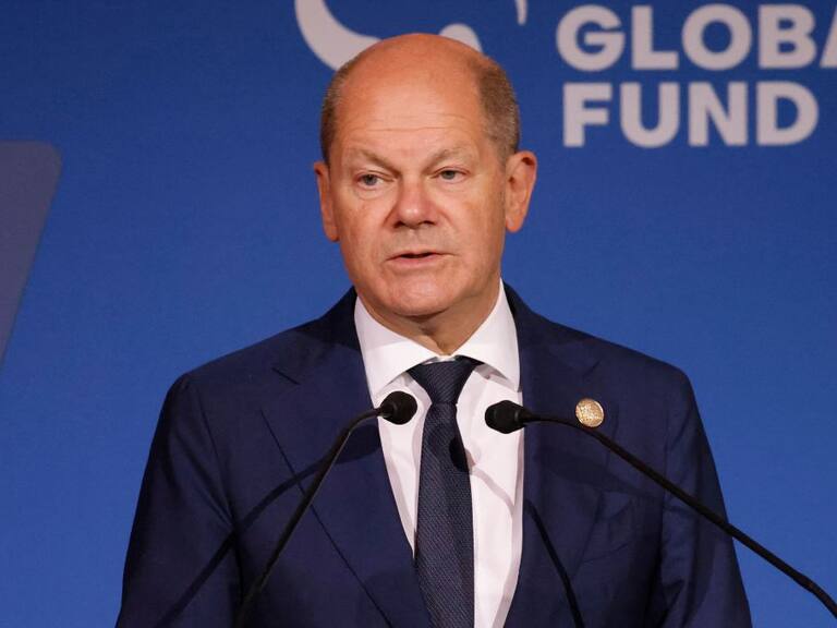 El canciller de Alemania, Olaf Scholz, habla en un evento en Nueva York