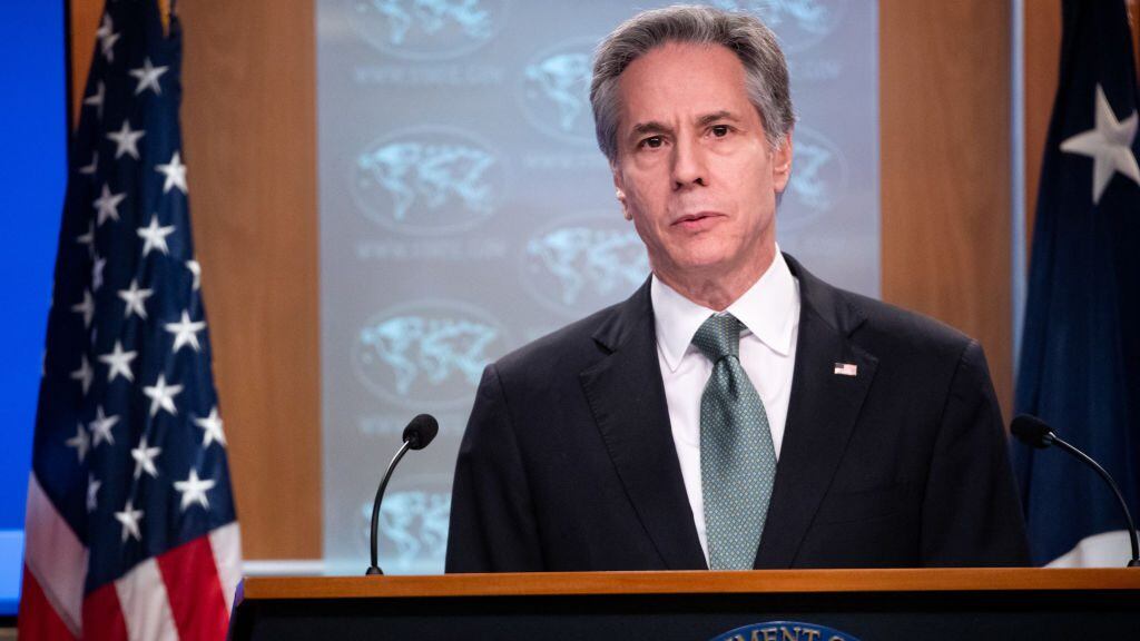 US Secretary of State Antony Blinken speaks to the press about the war in Ukraine, at the State Department in Washington, DC, March 17, 2022. - Blinken said Thursday that Russia was not making serious efforts in negotiations with Ukraine to end the three-week war. "On the one hand, we commend Ukraine for being at the table despite being under bombardment every minute of the day," Blinken said. "At the same time, I have not seen any meaningful efforts by Russia to bring this war that it is perpetrating to a conclusion through diplomacy." (Photo by SAUL LOEB / POOL / AFP) (Photo by SAUL LOEB/POOL/AFP via Getty Images)