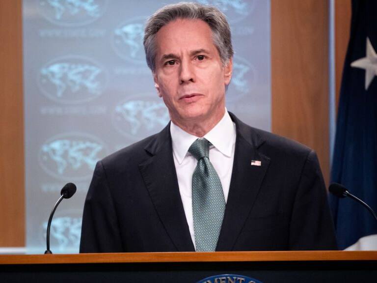 US Secretary of State Antony Blinken speaks to the press about the war in Ukraine, at the State Department in Washington, DC, March 17, 2022. - Blinken said Thursday that Russia was not making serious efforts in negotiations with Ukraine to end the three-week war. "On the one hand, we commend Ukraine for being at the table despite being under bombardment every minute of the day," Blinken said. "At the same time, I have not seen any meaningful efforts by Russia to bring this war that it is perpetrating to a conclusion through diplomacy." (Photo by SAUL LOEB / POOL / AFP) (Photo by SAUL LOEB/POOL/AFP via Getty Images)