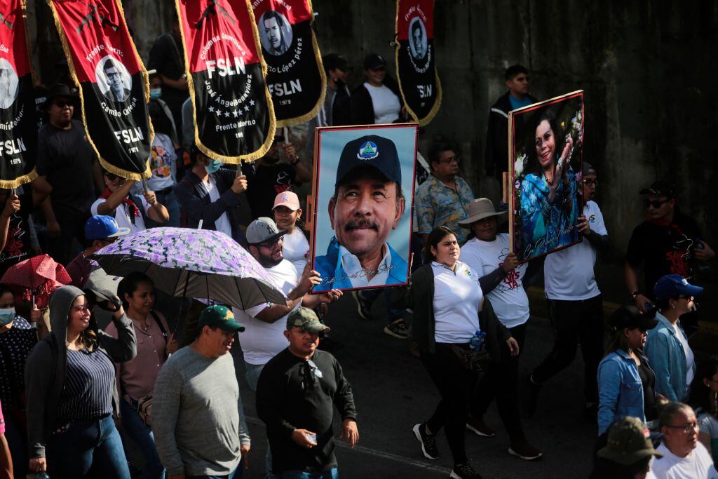 Una manifestación a favor de Rosario Murillo y Daniel Ortega en la ciudad de Managua