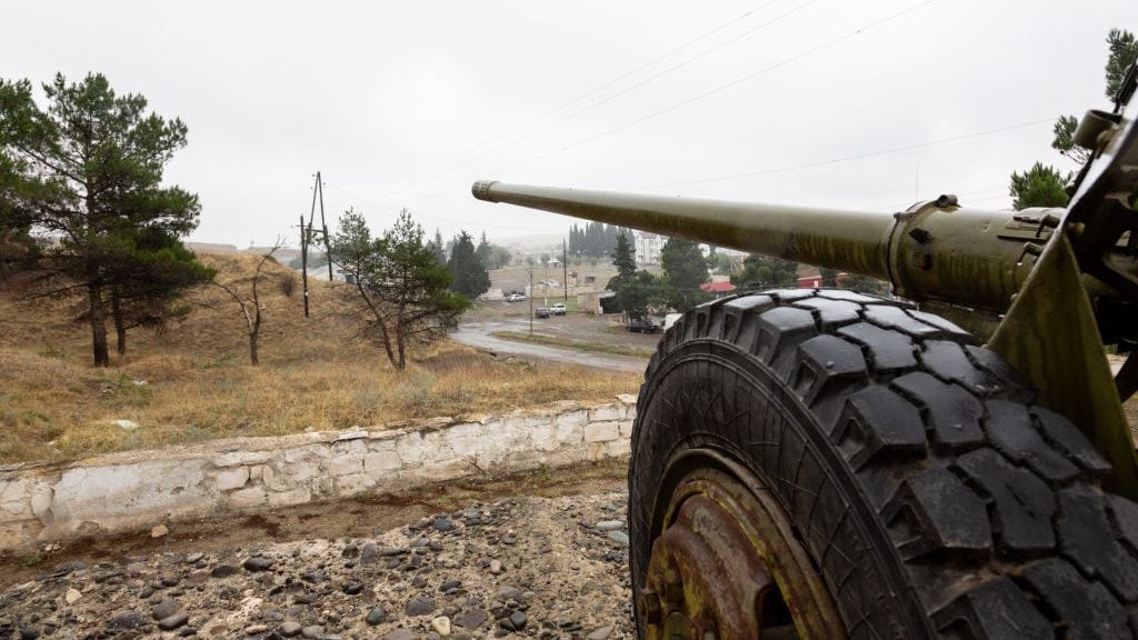 A weapon directed to Azerbaijan - a memorial of Nagorno Karabach War in Martakert in Nagorno Karabach (self proclaimed Republic of Artsakh) on October 10, 2019. Martakert is an Artsakh town situated near to the Azerbaijani controlled territories, the town was a place of fierce battles during the Nagorno Karabach War. Artsakh is a subject of dispute between Azerbaijan and Armenians, it historically is occupied by Armenians but was included into Azerbaijan after the collapse of Soviet Union. Artsakh is today a de facto independent state but it is not recognised by any other party. Border with Azerbaijan is closed, it is possible to enter Artsakh only through Armenia. (Photo by Dominika Zarzycka/NurPhoto via Getty Images)